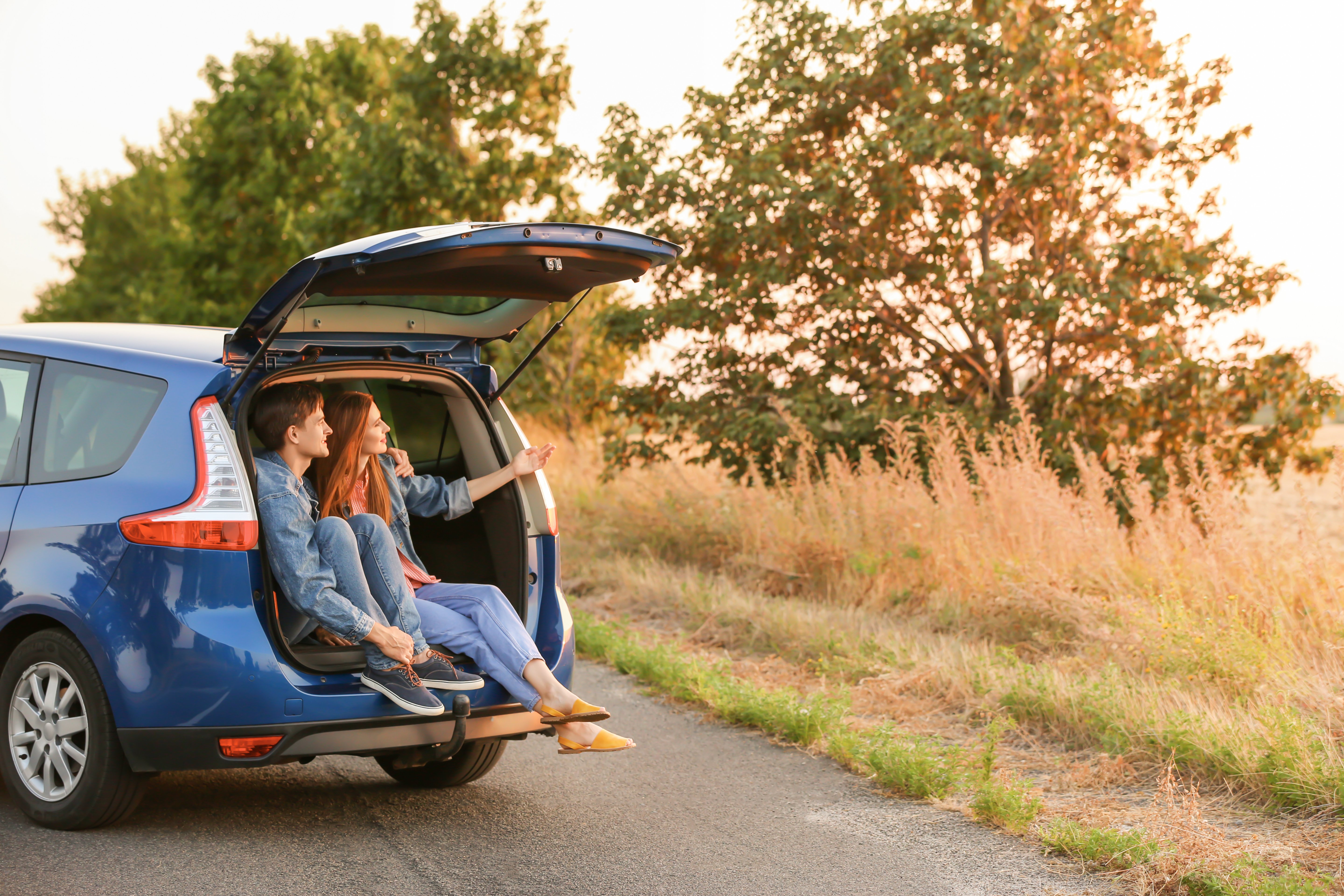 couple in trunk of car looking at nature 